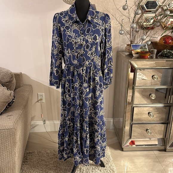 NWT ZARA PRINTED MIDI SHIRT DRESS NAVY BLUE FLORAL DRESS M - Picture 4 of 6